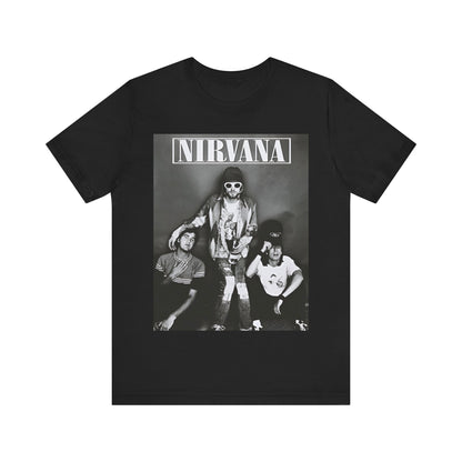 A black graphic t-shirt featuring a 90s rock rebels graphic of Nirvana.
