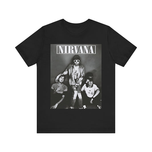 A black graphic t-shirt featuring a 90s rock rebels graphic of Nirvana.
