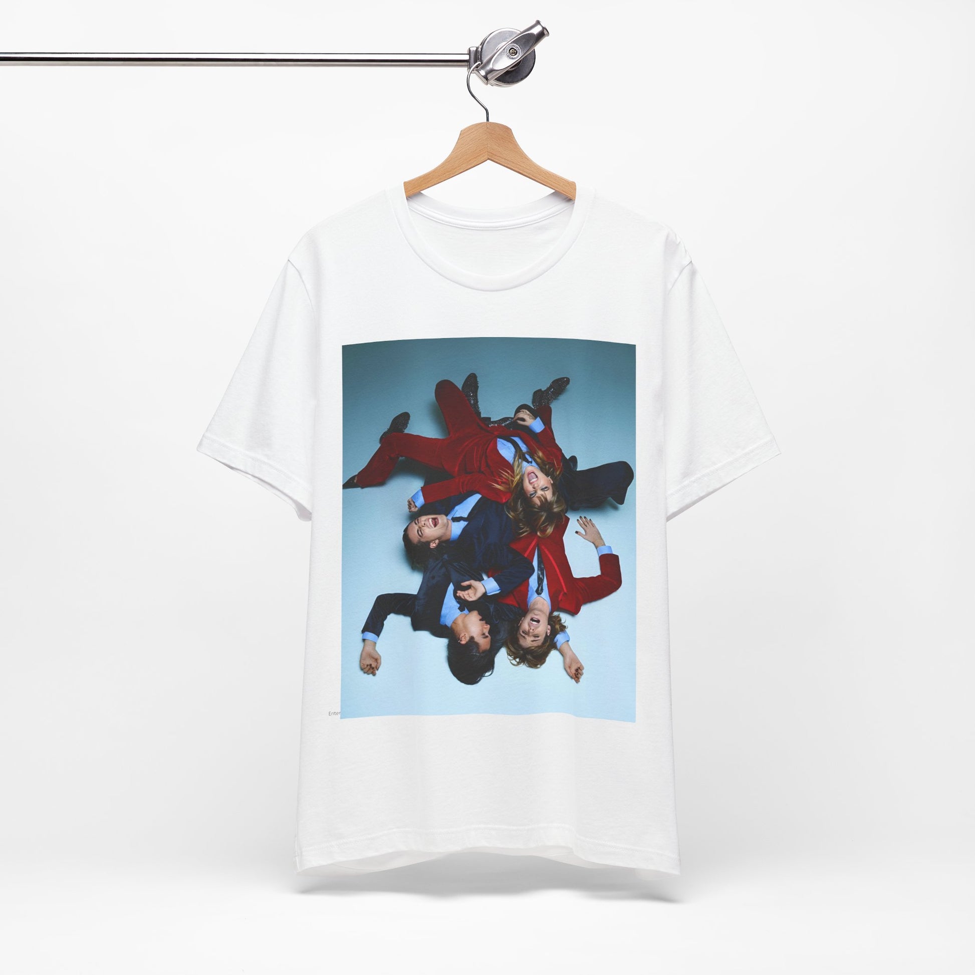 A black graphic t-shirt featuring a graphic of Maneskin in a 70s rock style aesthetic.