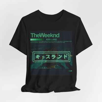 A black graphic t-shirt featuring a retro graphic related to The Weeknd's 'Kiss Land' album.