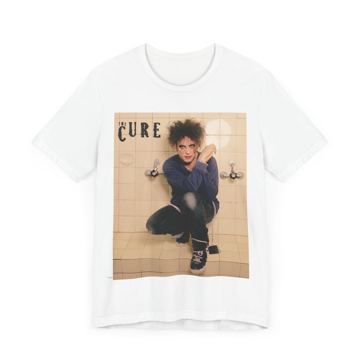 A black graphic t-shirt featuring a graphic related to The Cure's 'Friday I'm In Love' song or era.