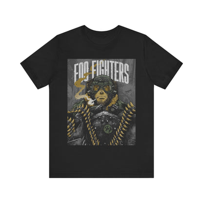 A black graphic t-shirt featuring an aesthetic graphic of a monkey related to Foo Fighters.
