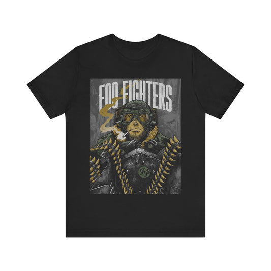 A black graphic t-shirt featuring an aesthetic graphic of a monkey related to Foo Fighters.
