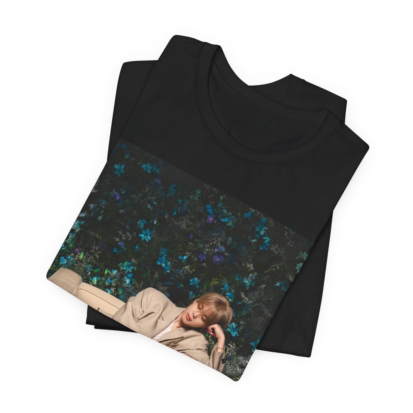 A black graphic t-shirt featuring an aesthetic graphic of Jimin in a K-Pop style.