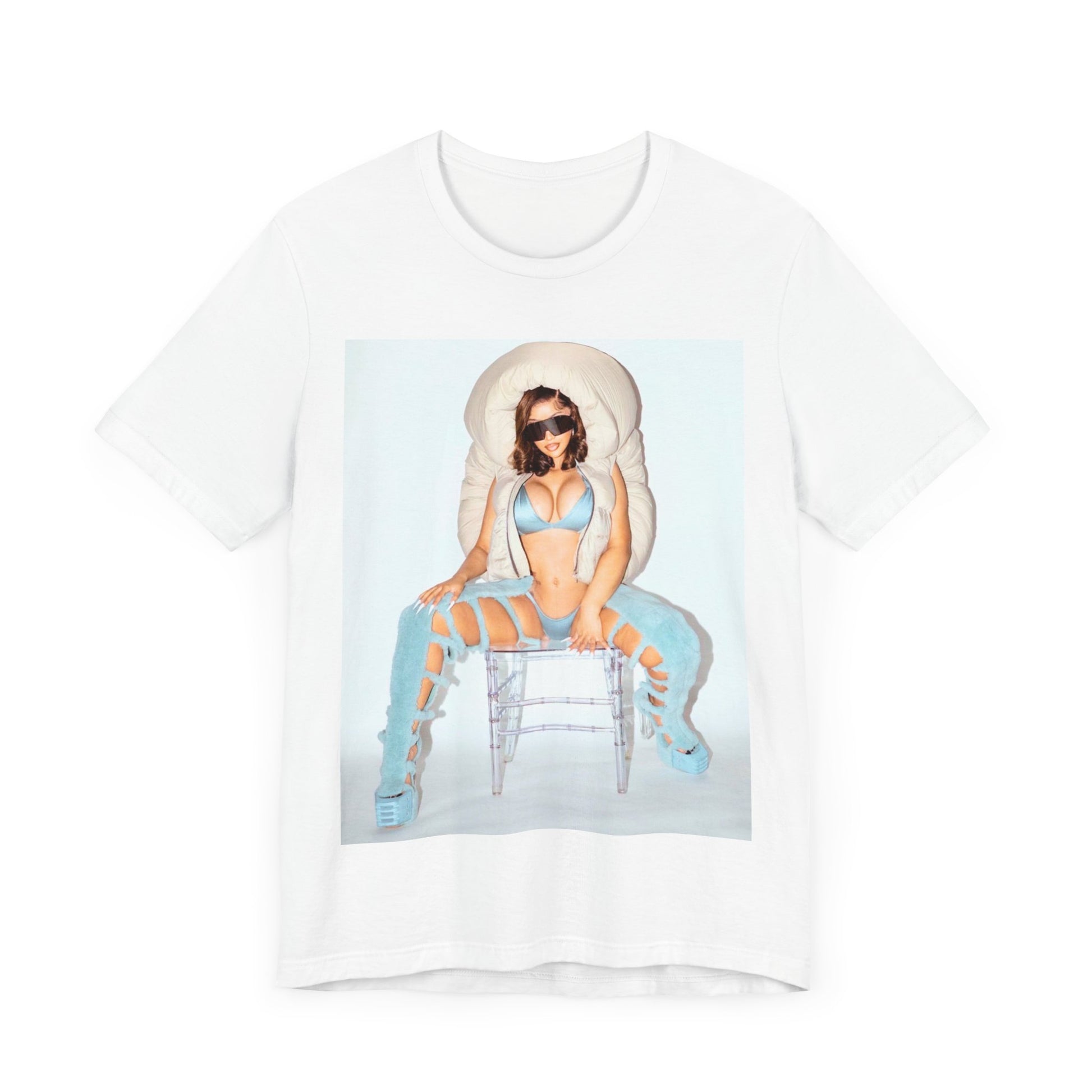 A black graphic t-shirt featuring a glamorous photo portrait of Cardi B.