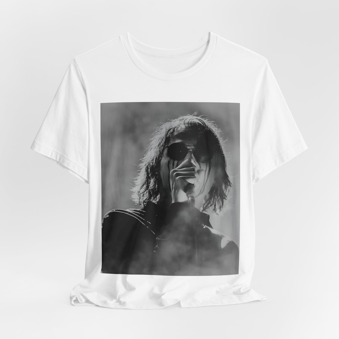 A black graphic t-shirt featuring a black and white, monochrome graphic or photo of My Chemical Romance.