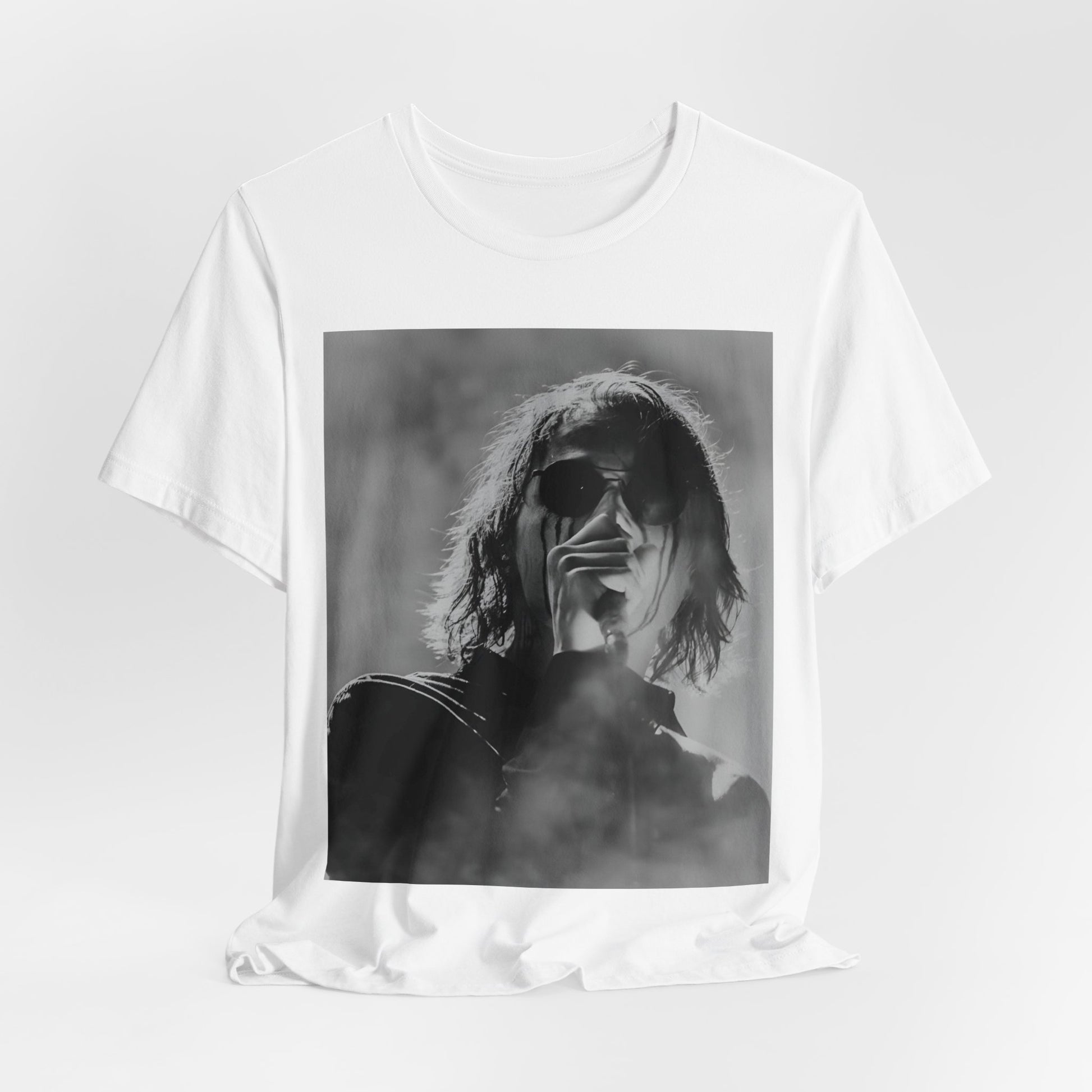 A black graphic t-shirt featuring a black and white, monochrome graphic or photo of My Chemical Romance.