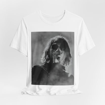 A black graphic t-shirt featuring a black and white, monochrome graphic or photo of My Chemical Romance.