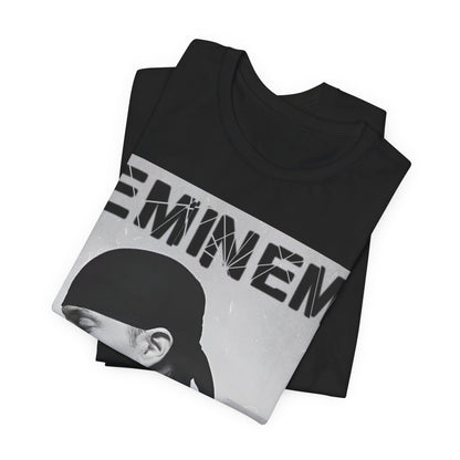 A black graphic t-shirt featuring a stylized graphic of Eminem as a modern rap legend.