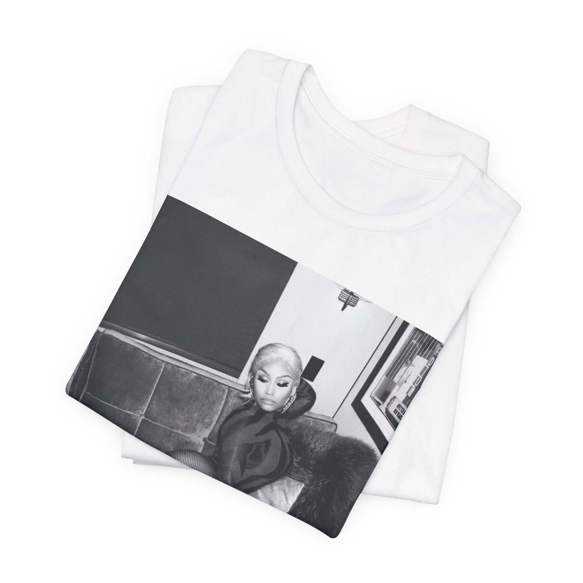 A black graphic t-shirt featuring a fierce black and white glamour graphic of Nicki Minaj.