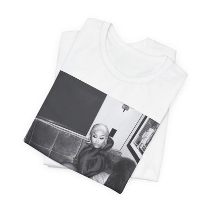 A black graphic t-shirt featuring a fierce black and white glamour graphic of Nicki Minaj.