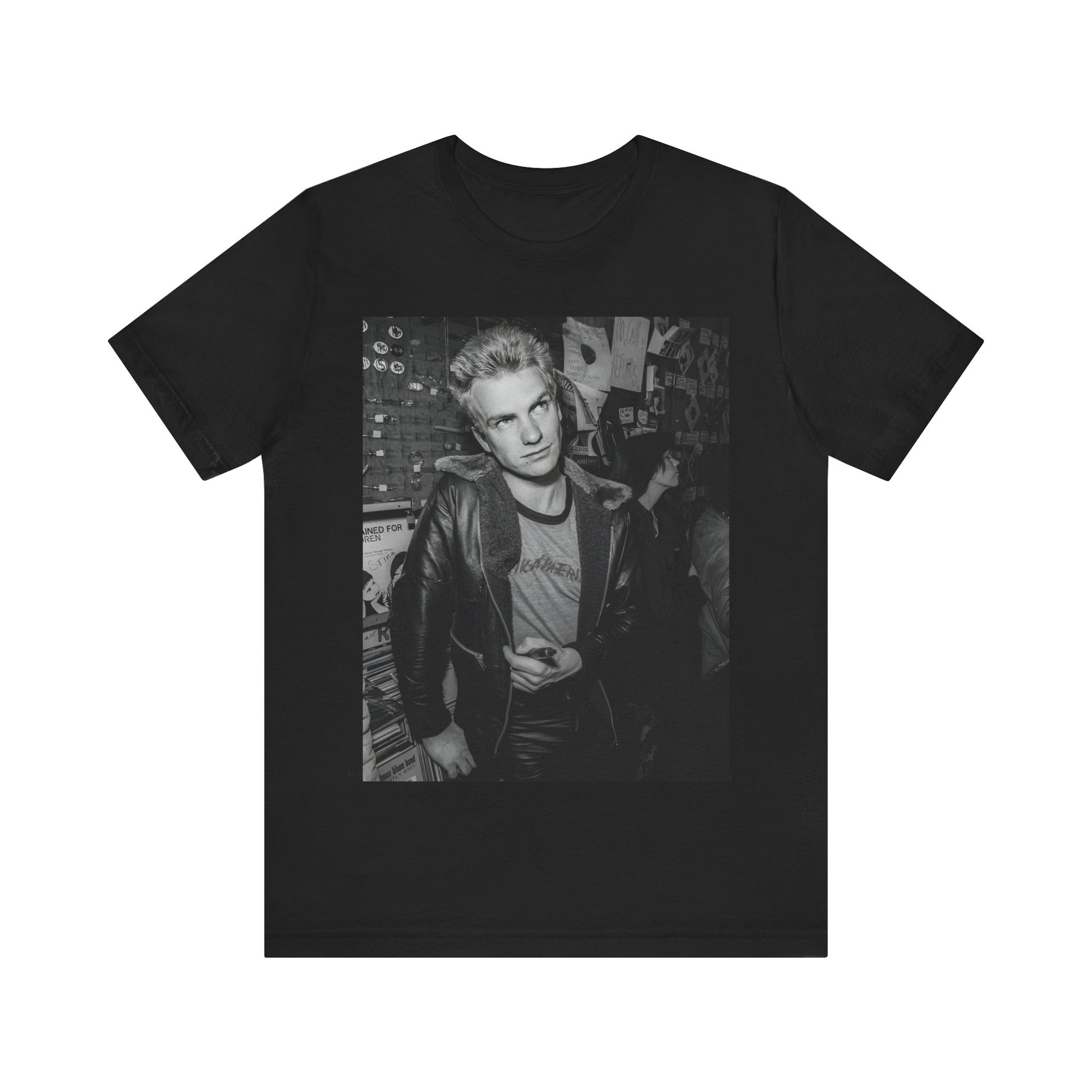 A black graphic t-shirt featuring a vintage black and white monochrome graphic or photo of Sting.