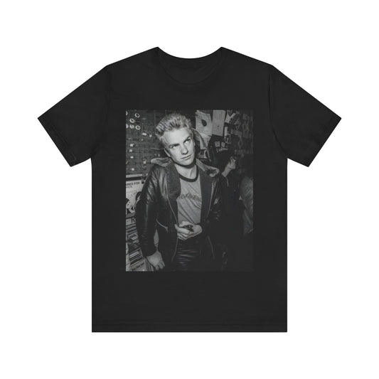 A black graphic t-shirt featuring a vintage black and white monochrome graphic or photo of Sting.