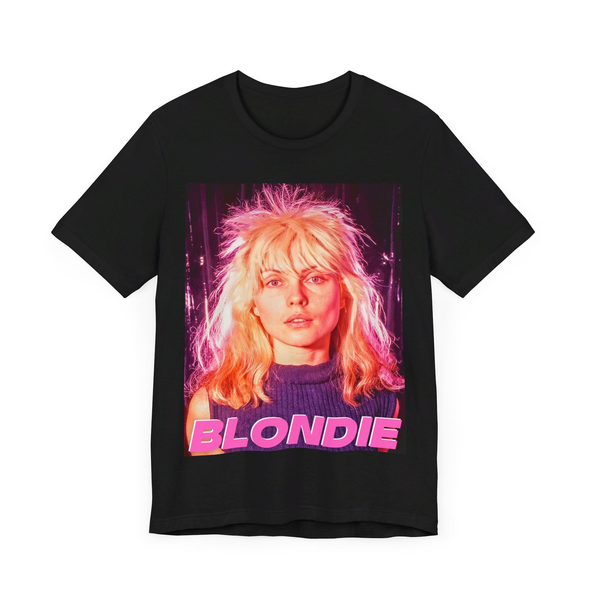 A black graphic t-shirt featuring a neon-style graphic of Blondie with a punk attitude.