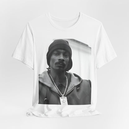 A black graphic t-shirt featuring a black and white, monochrome graphic of Snoop Dogg with an OG cool vibe.