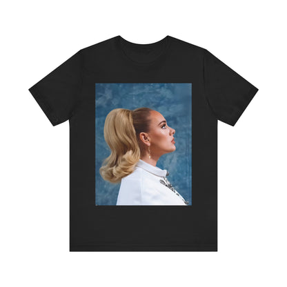 A black graphic t-shirt featuring a black and white photo of Adele in a vintage glamorous look, with classic hair and makeup.