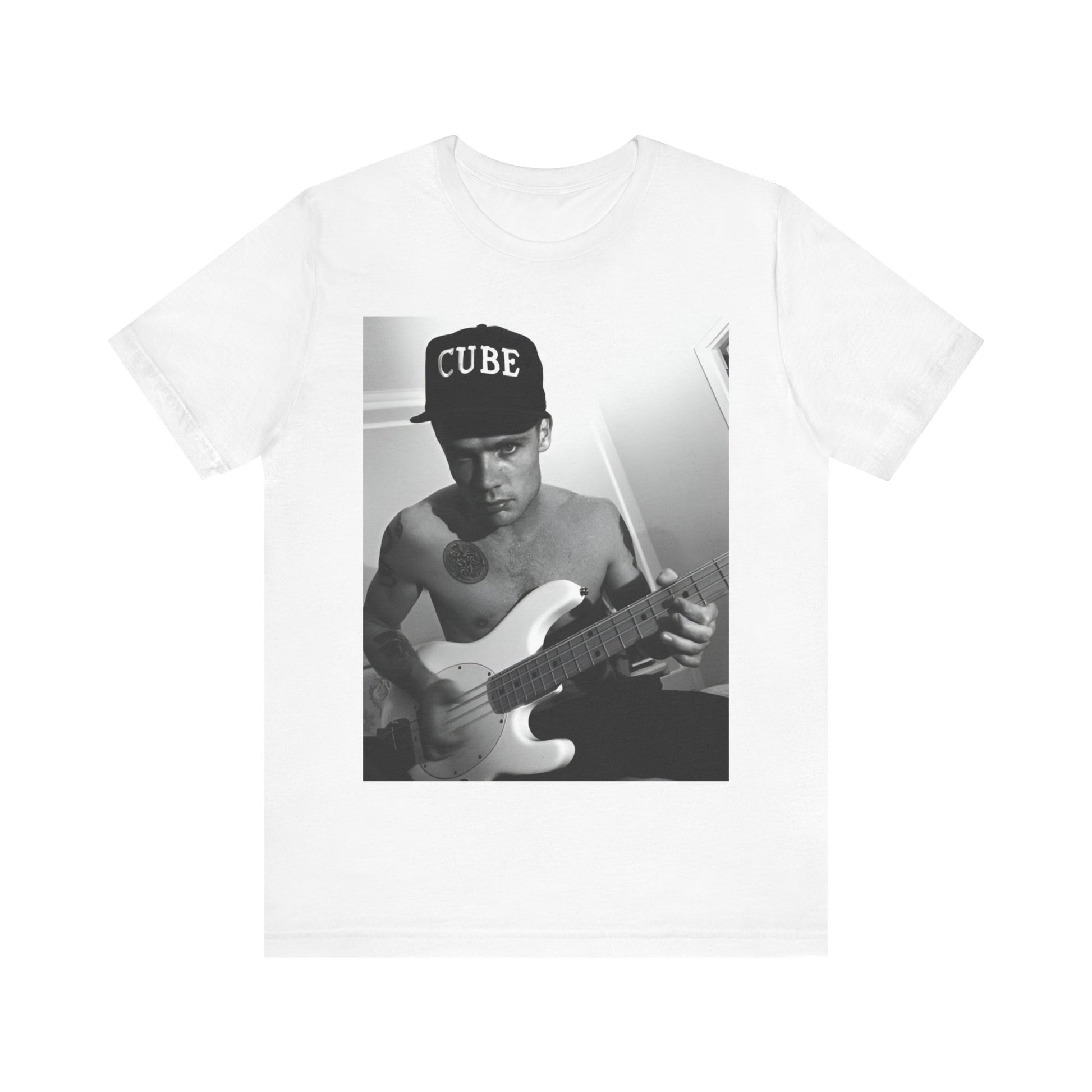 A black graphic t-shirt featuring a black and white graphic or photo of Flea from Red Hot Chili Peppers performing live on stage.