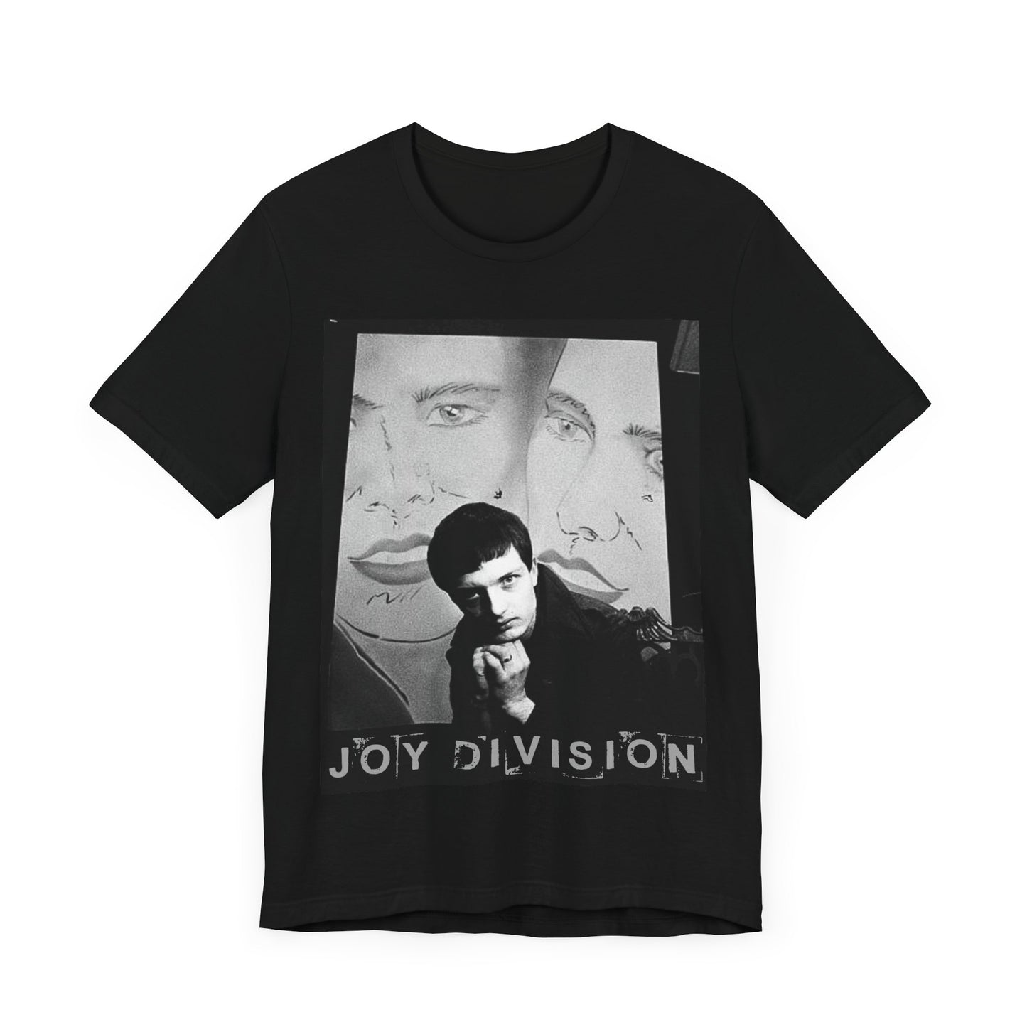 A black graphic t-shirt featuring a vintage dark wave graphic of Joy Division.