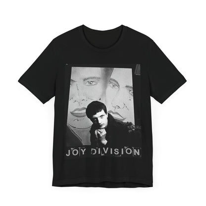 A black graphic t-shirt featuring a vintage dark wave graphic of Joy Division.