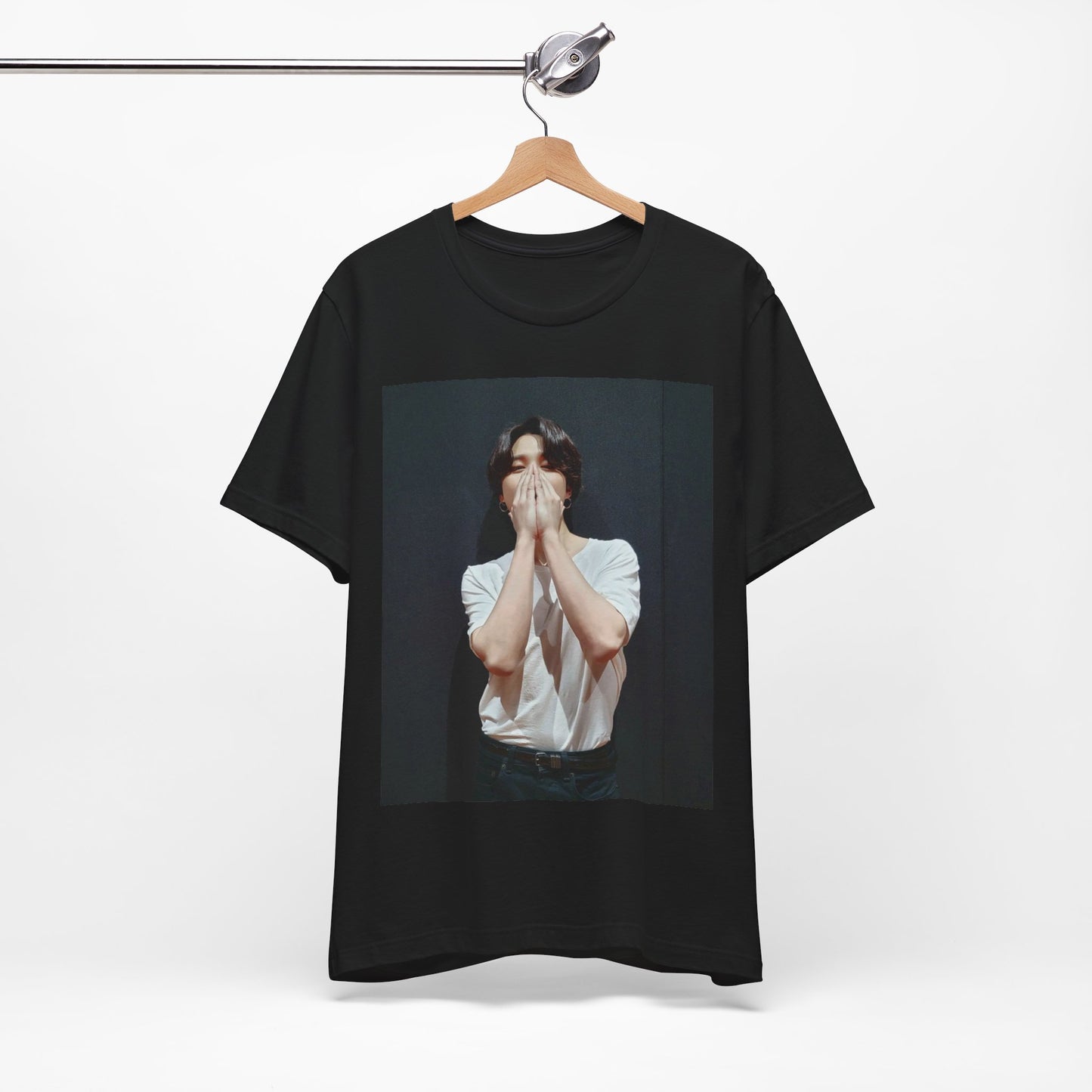 A black graphic t-shirt featuring a graphic of Jimin designed for everyday K-Pop style.