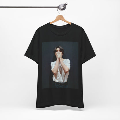A black graphic t-shirt featuring a graphic of Jimin designed for everyday K-Pop style.