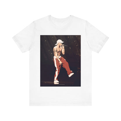 A black graphic t-shirt featuring a graphic inspired by Eminem's film '8 Mile'.