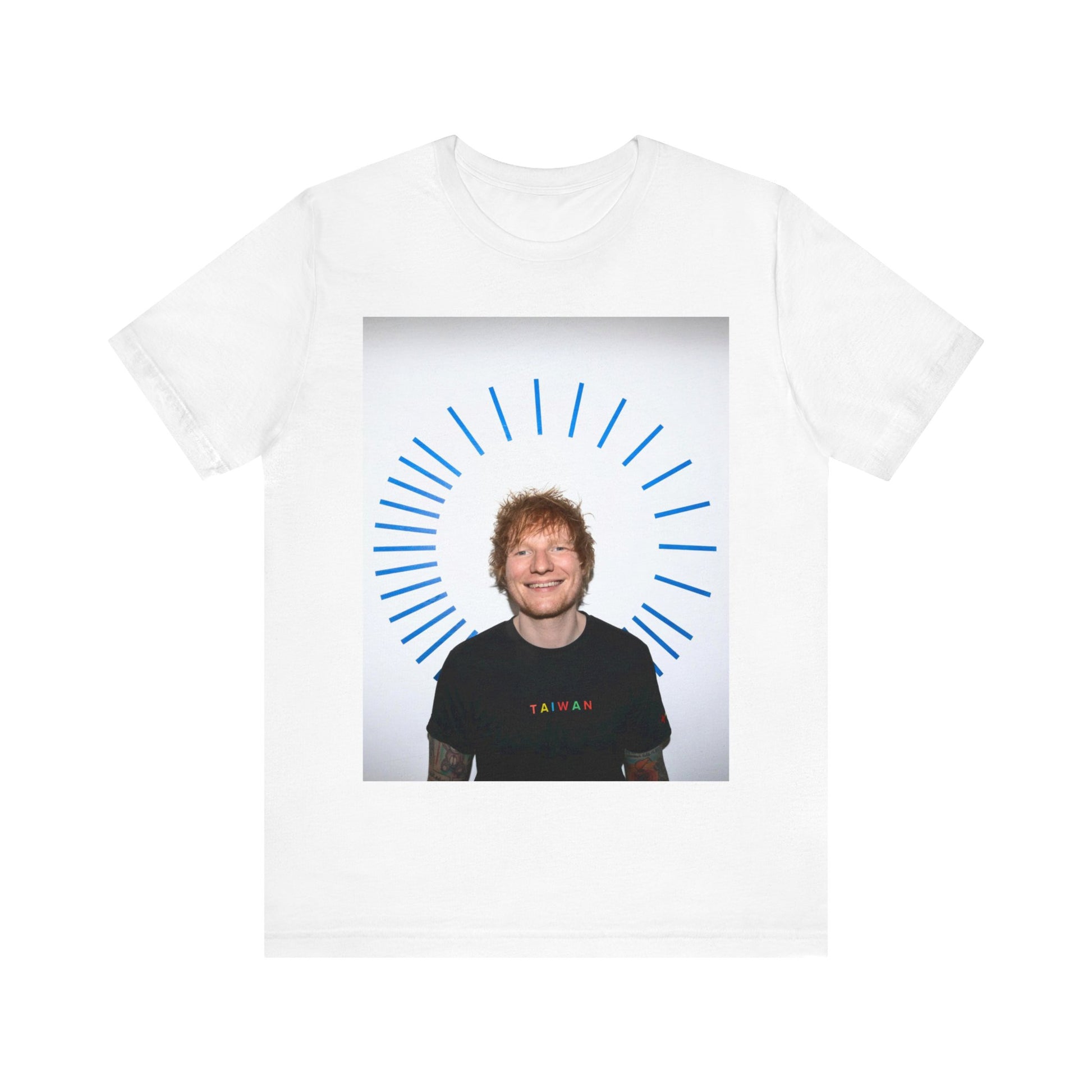 A black graphic t-shirt featuring a classic photo portrait of Ed Sheeran in a folk-pop style.
