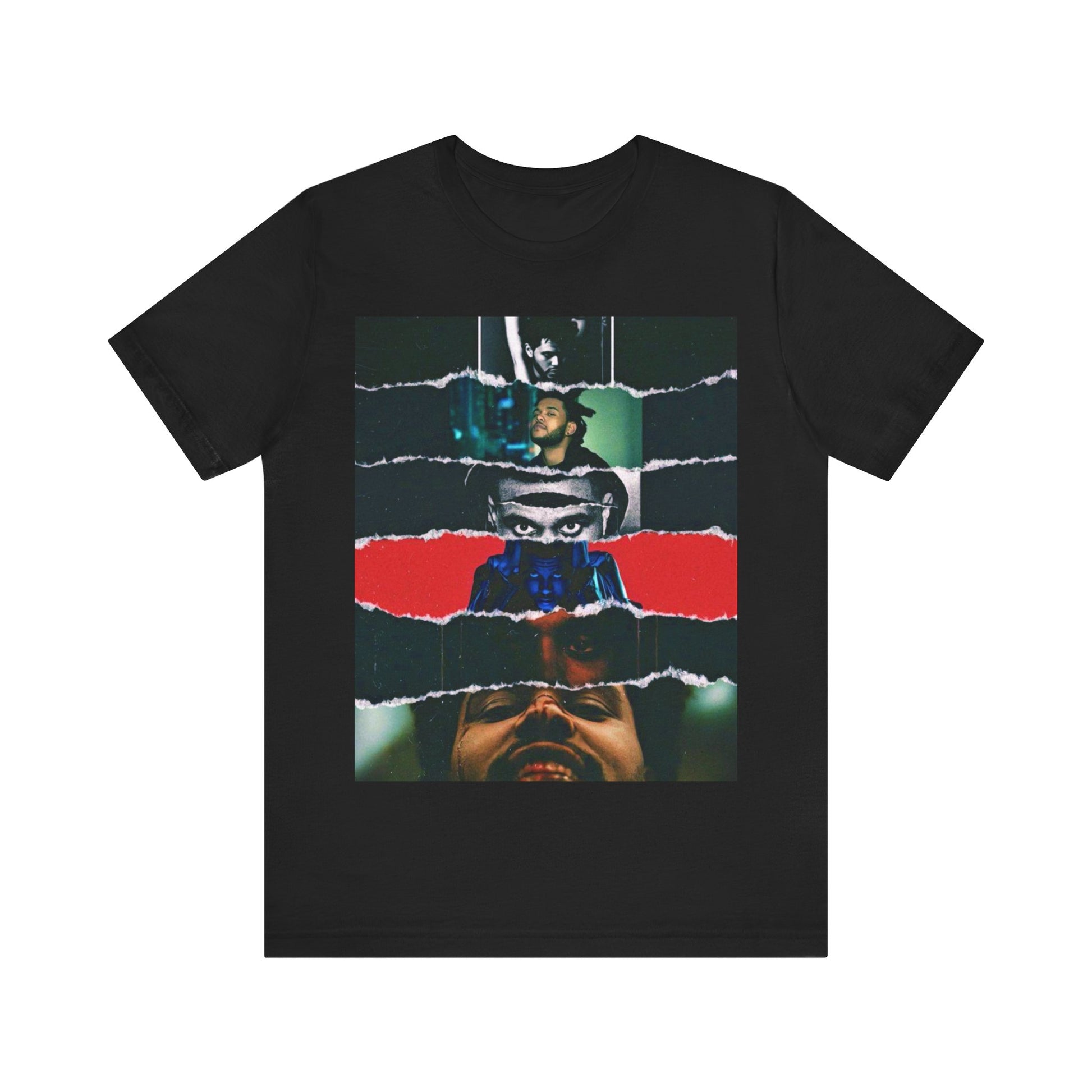 A black graphic t-shirt featuring a graphic representing different aesthetic eras of The Weeknd.
