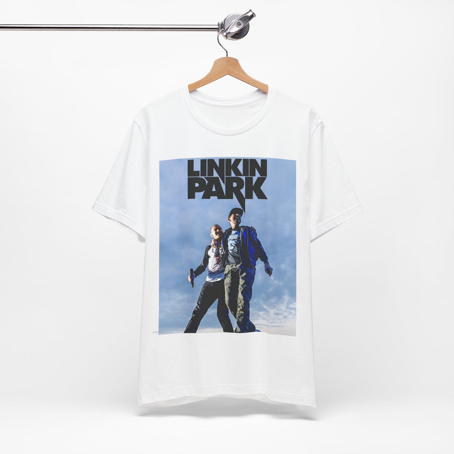 A black graphic t-shirt featuring a retro graphic related to Linkin Park's 'Hybrid Theory' album era.