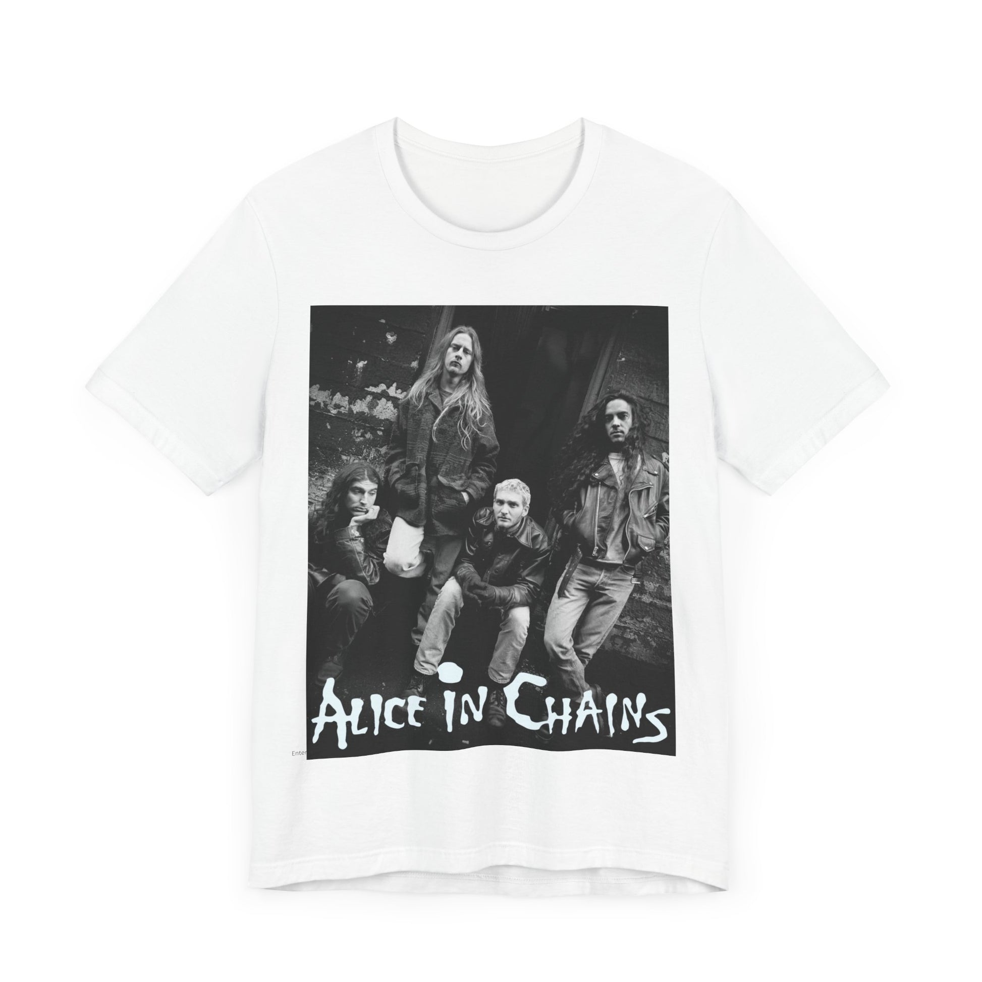 A black graphic t-shirt featuring a 90s black and white photographic portrait of the band Alice In Chains, capturing their iconic grunge look.