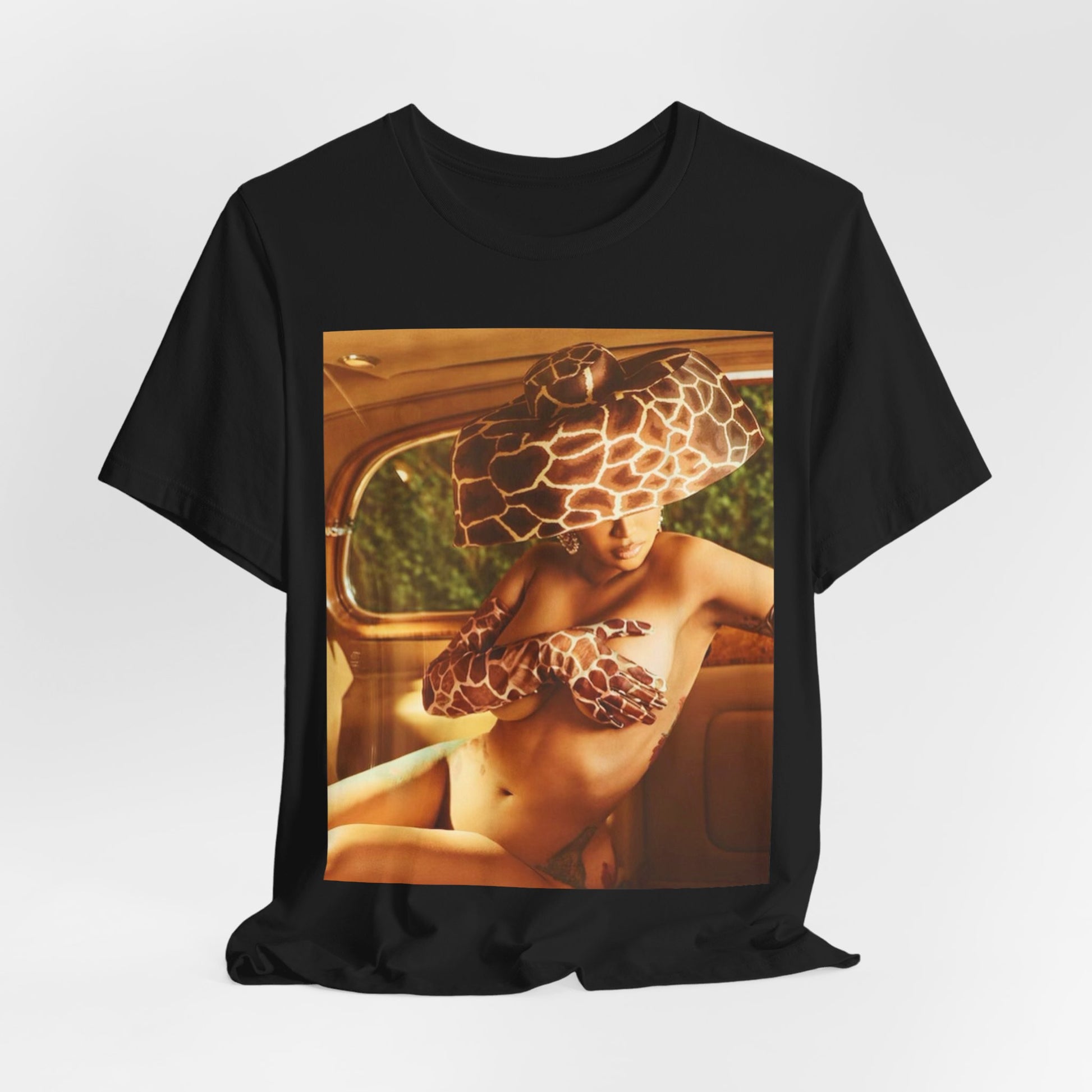 A black graphic t-shirt featuring a graphic of Cardi B as a hip hop culture phenomenon.