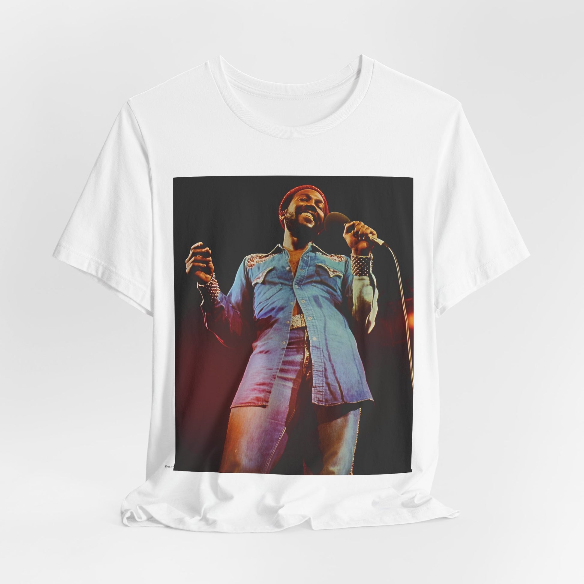 A black graphic t-shirt featuring a graphic of Marvin Gaye with groovy funk vibes.