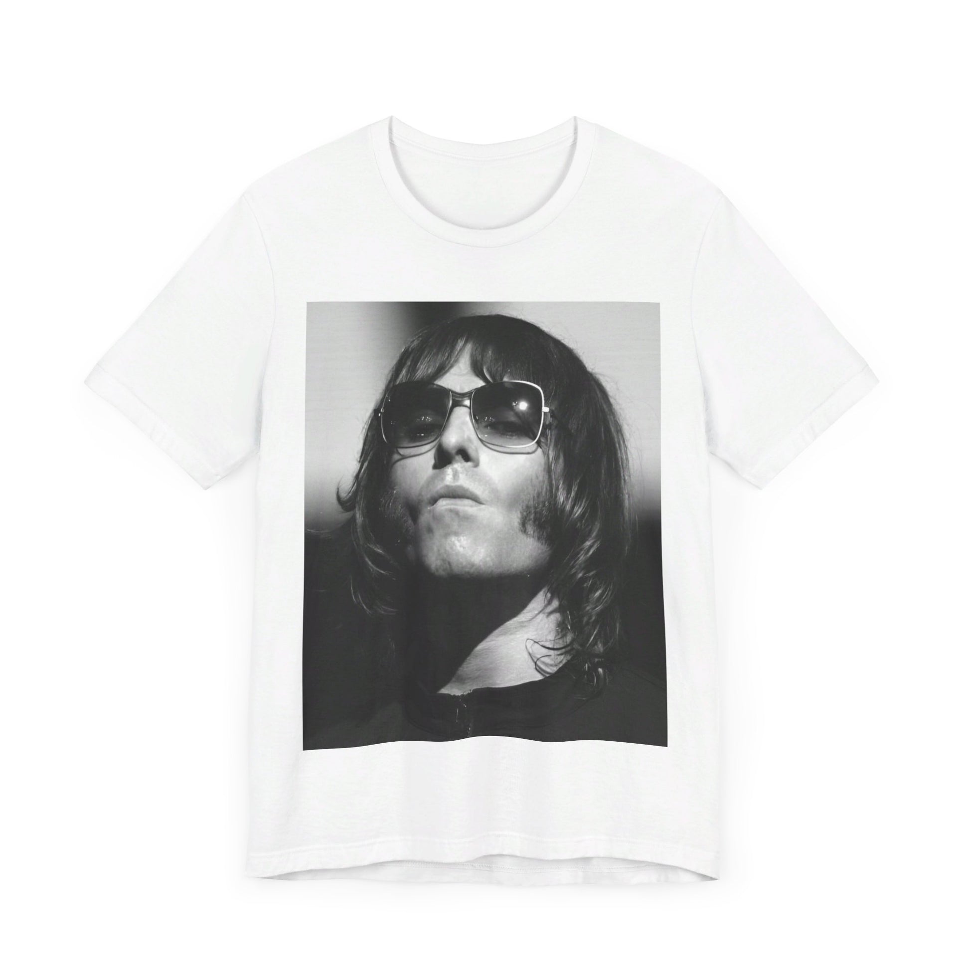 A black graphic t-shirt featuring a graphic of Liam Gallagher from Oasis related to the 'Morning Glory' album era.