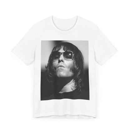 A black graphic t-shirt featuring a graphic of Liam Gallagher from Oasis related to the 'Morning Glory' album era.