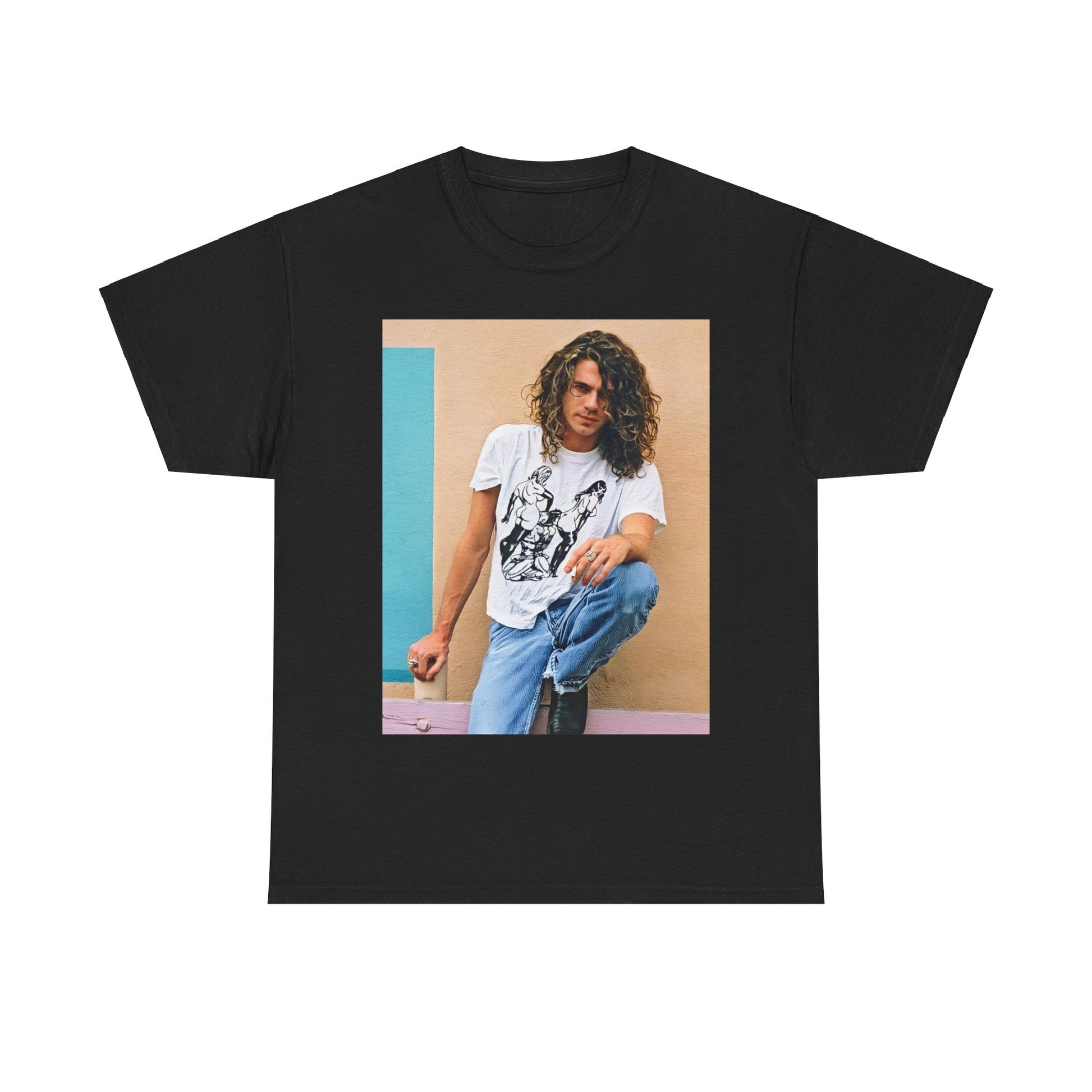A black graphic t-shirt featuring a 90s chill retro rock graphic of INXS.