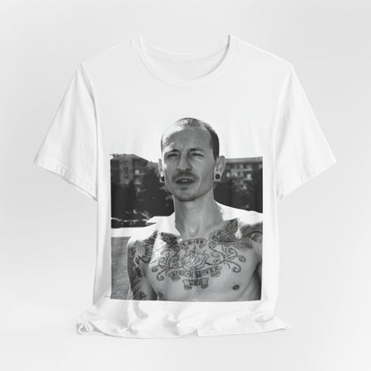 A black graphic t-shirt featuring a black and white graphic or photo portrait of Chester Bennington from Linkin Park.
