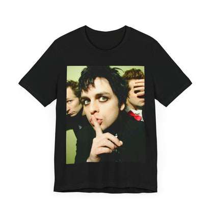 A black graphic t-shirt featuring a vintage punk rock graphic of Green Day.