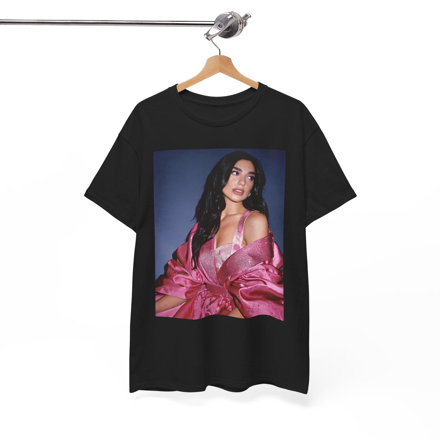 A black graphic t-shirt featuring a retro photo of Dua Lipa from her "Future Nostalgia" era.