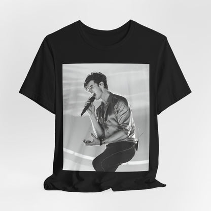 A black graphic t-shirt featuring a black and white graphic or photo of Shawn Mendes as a dreamy pop star.