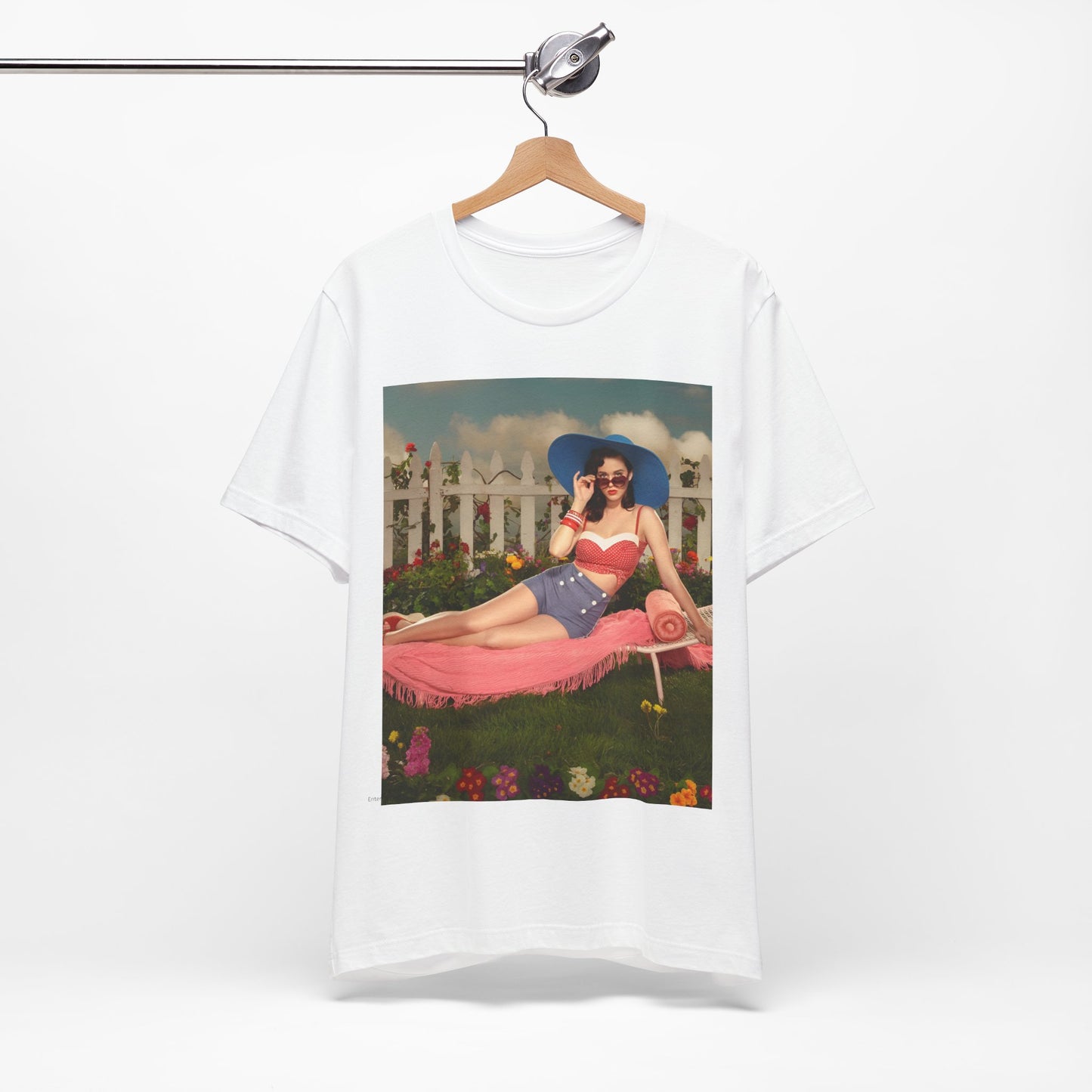 A black graphic t-shirt featuring a graphic related to Katy Perry's "California Gurls" song, with beach vibes.