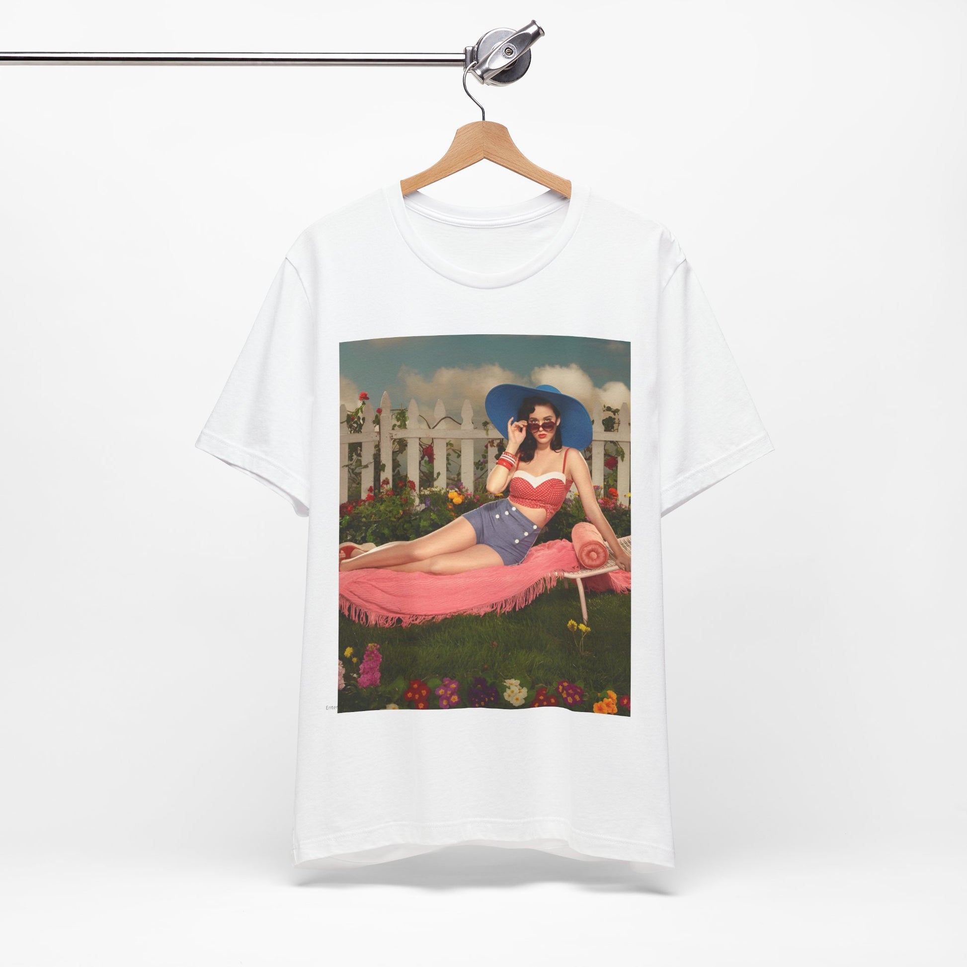 A black graphic t-shirt featuring a graphic related to Katy Perry's "California Gurls" song, with beach vibes.
