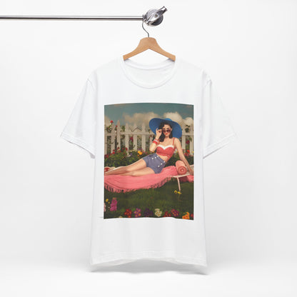 A black graphic t-shirt featuring a graphic related to Katy Perry's "California Gurls" song, with beach vibes.