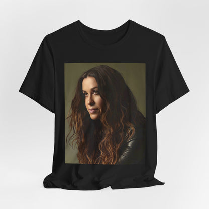 A black graphic t-shirt featuring a close-up portrait photo of Alanis Morissette, showing her intense or contemplative expression.