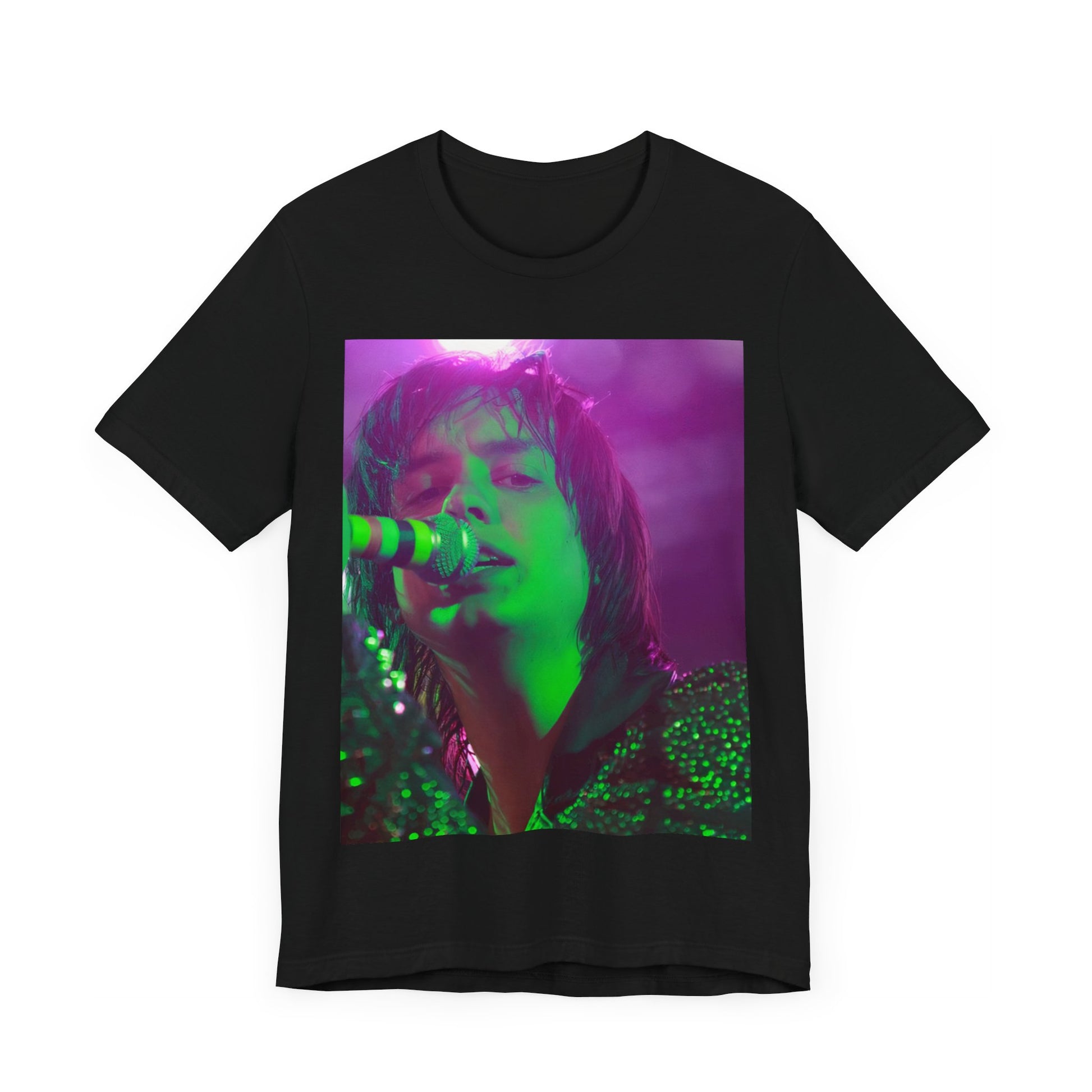 A black graphic t-shirt featuring a graphic related to The Strokes and the early 2000s rock revival.