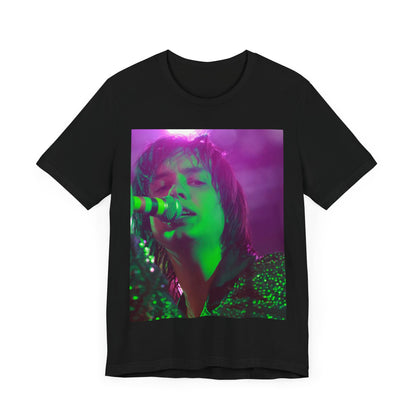 A black graphic t-shirt featuring a graphic related to The Strokes and the early 2000s rock revival.