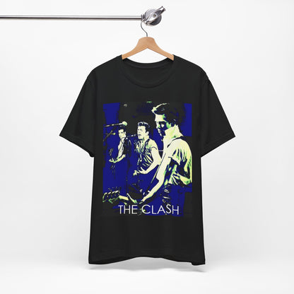 A black graphic t-shirt featuring a 70s aesthetic punk rock graphic of The Clash.