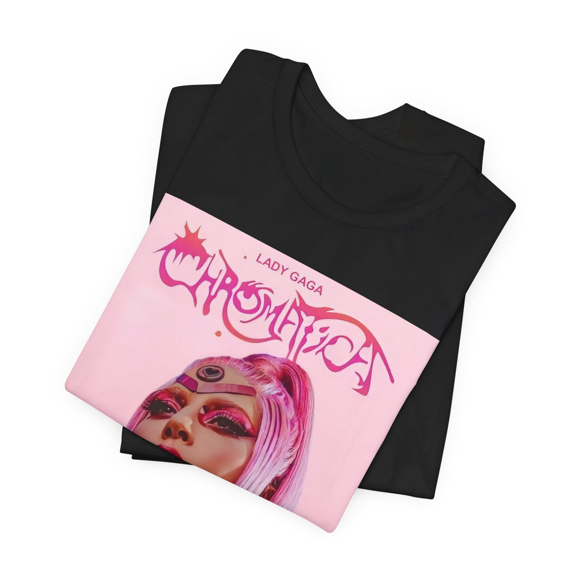 A black graphic t-shirt featuring a graphic related to Lady Gaga's 'Chromatica' album.