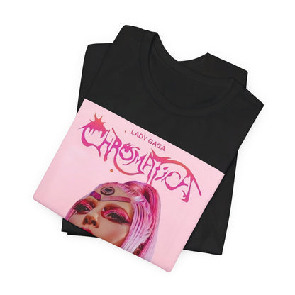 A black graphic t-shirt featuring a graphic related to Lady Gaga's 'Chromatica' album.