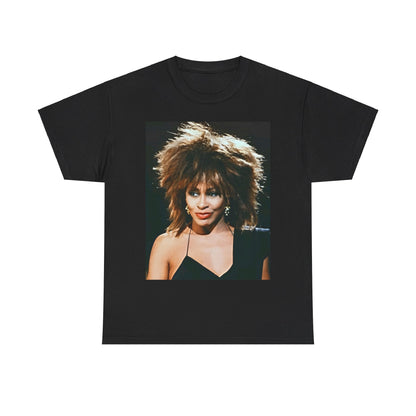A black graphic t-shirt featuring a graphic of Tina Turner as the Queen of Rock & Roll.