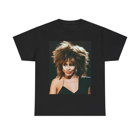 A black graphic t-shirt featuring a graphic of Tina Turner as the Queen of Rock & Roll.